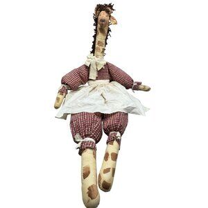 Handmade Fabric Giraffe Doll With Red Checkered Outfit & White Apron 45" READ